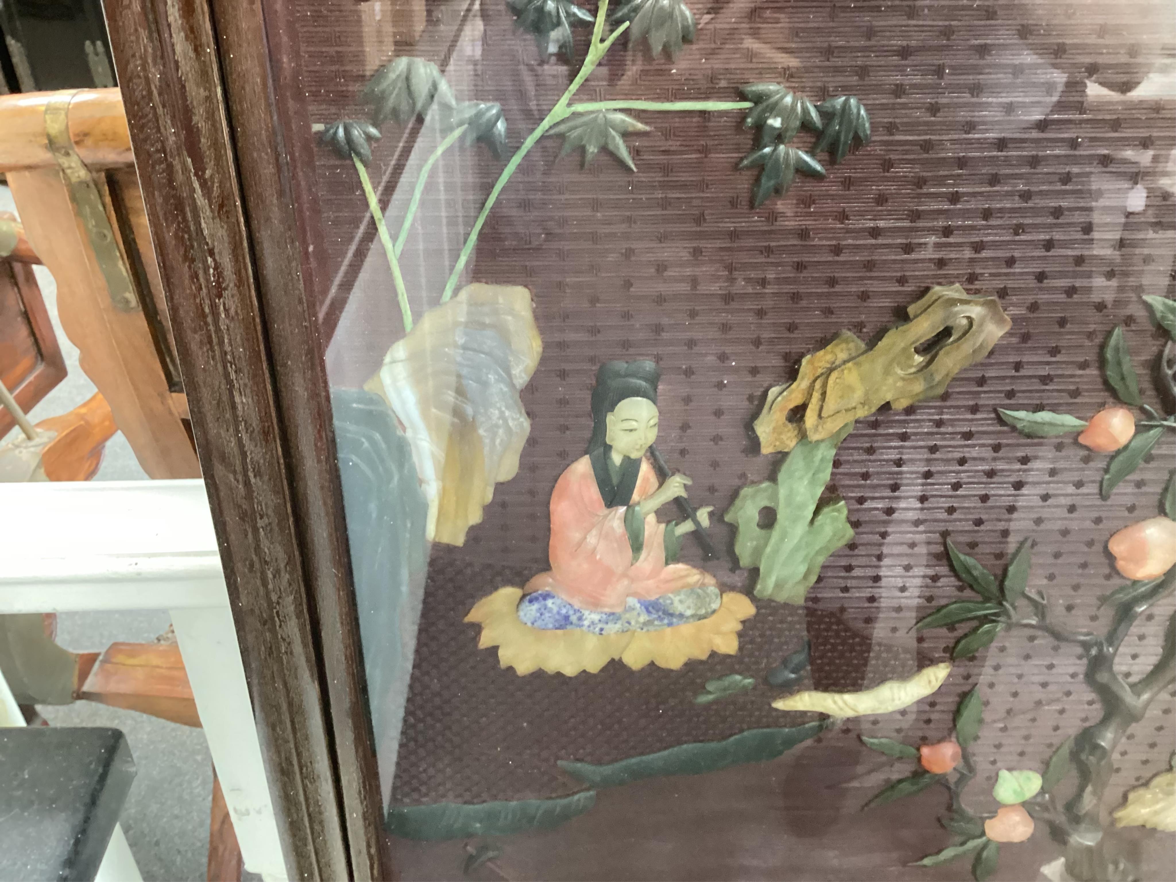 A Chinese carved cinnabar lacquer and hardstone mounted panel, early 20th century